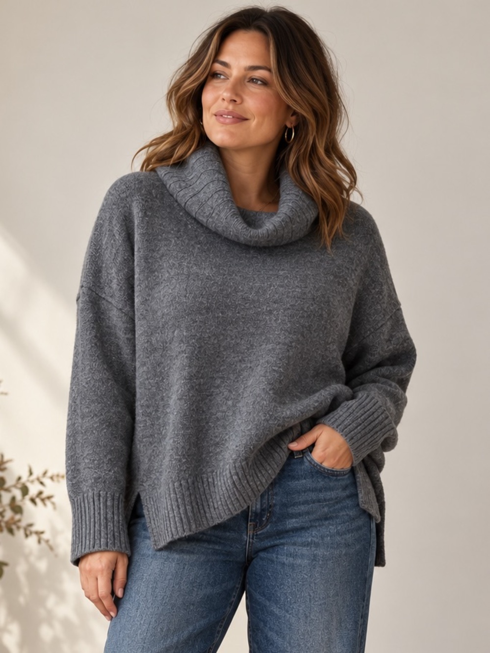 H by Halston 100% Merino Wool Cowl Neck Sweater Grey Oversized Minimalist Knit